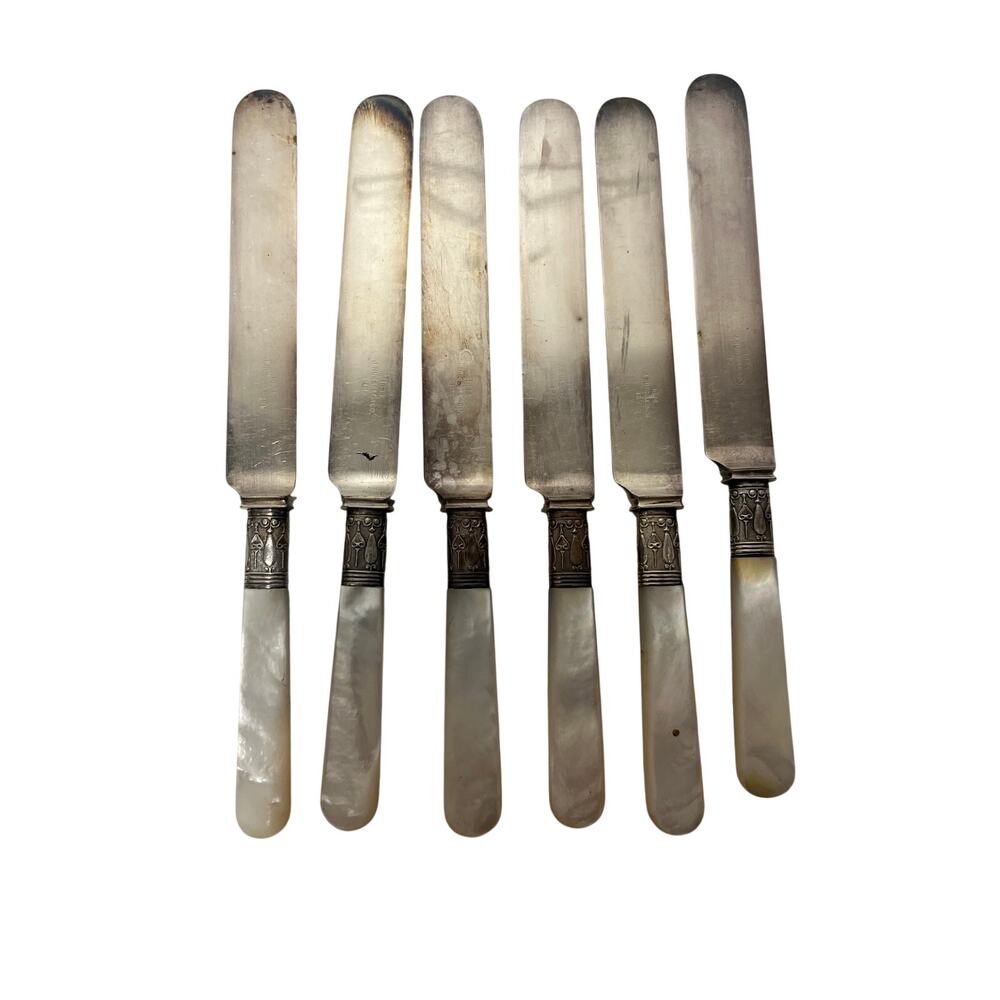 6 VTG J. Russell& Co. Mother of Pearl Dinner Knives W/Sterling Silver Collars